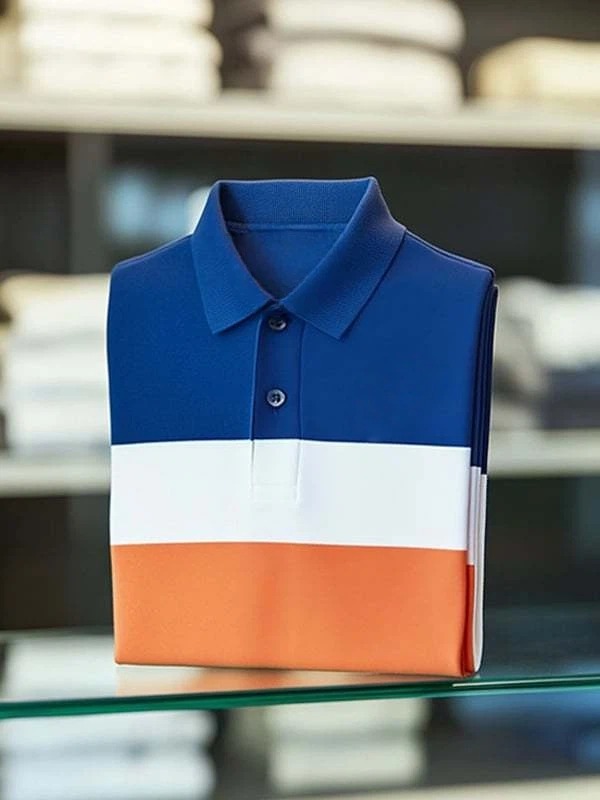 Camisa polo clásico Tricolor Check ejecutivo Logo Button de manga corta para hombre