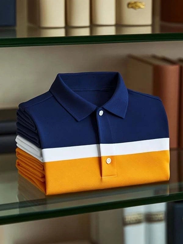 Camisa polo clásico Tricolor Check ejecutivo Logo Button de manga corta para hombre