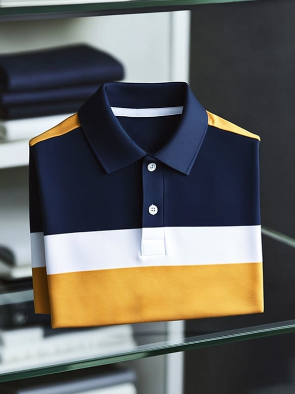 Camisa polo clásico Tricolor Check ejecutivo Logo Button de manga corta para hombre