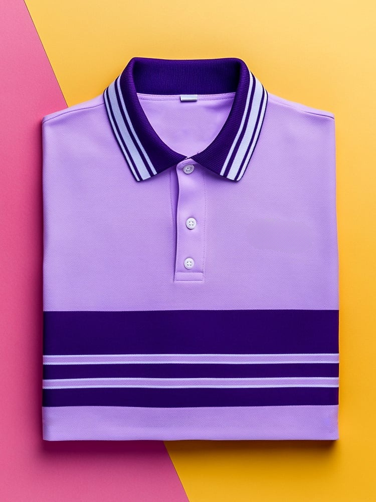 Camisa polo ejecutivo casual Purple a rayas con botones de manga corta para hombre