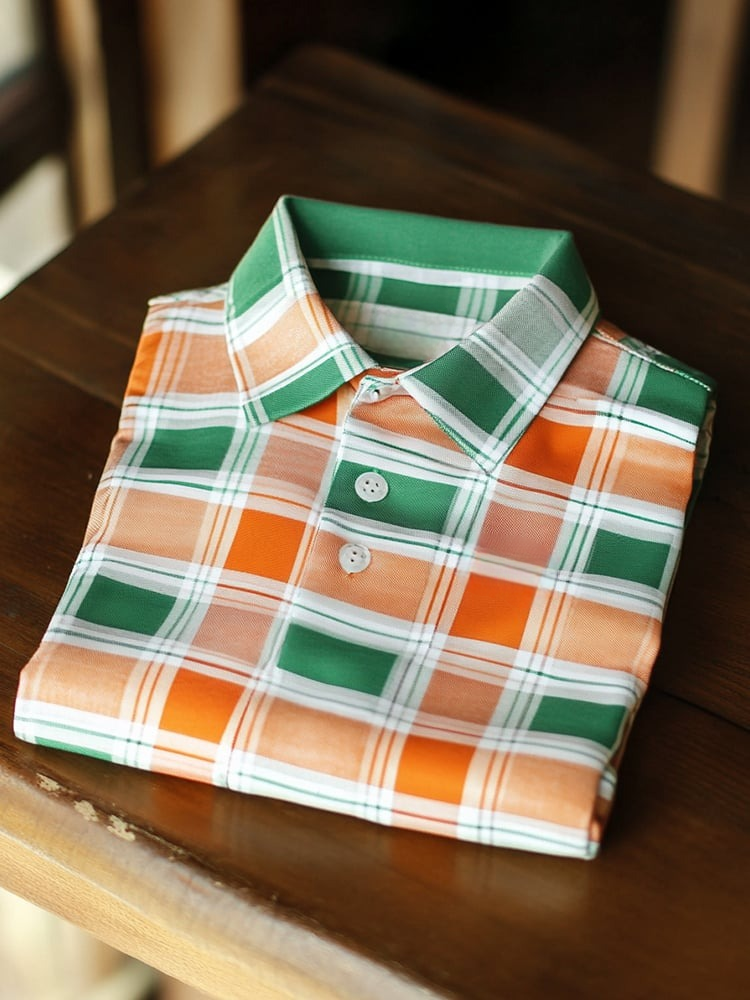 Camisa polo ejecutivo casual Orange Green a cuadros con botones de manga corta para hombre