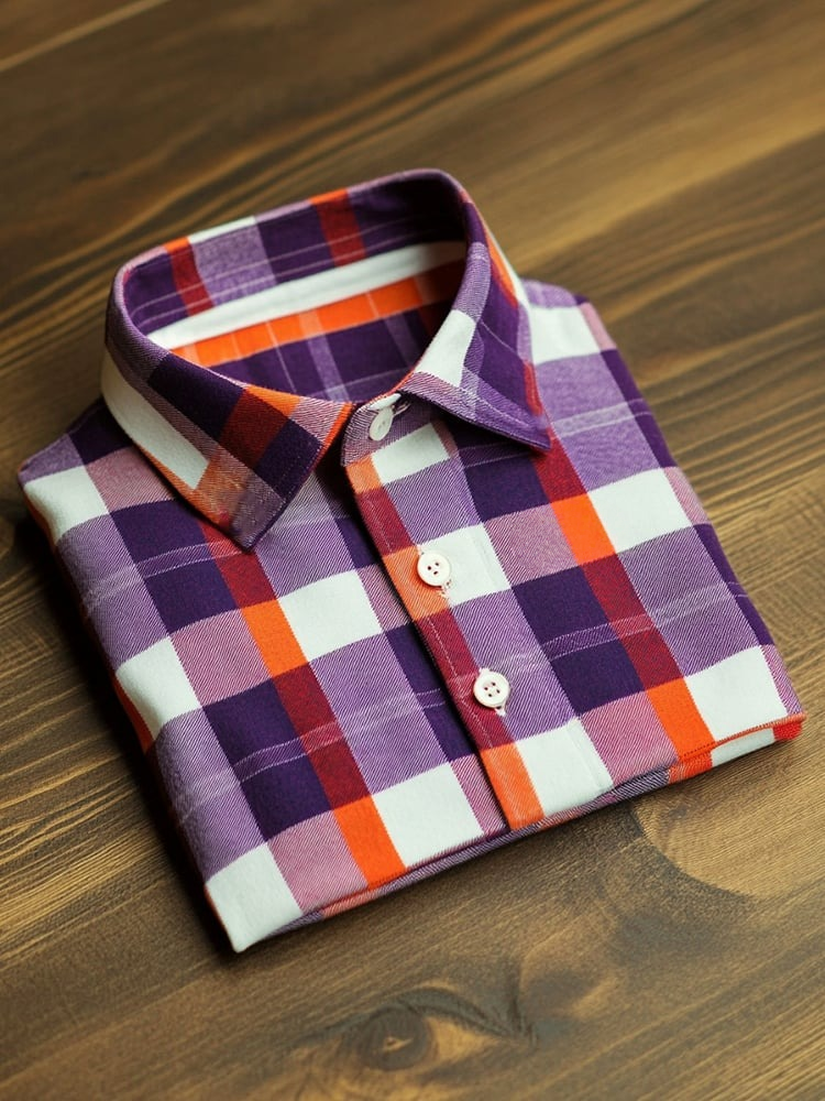 Camisa polo ejecutivo casual Purple and Orange a cuadros con botones de manga corta para hombre