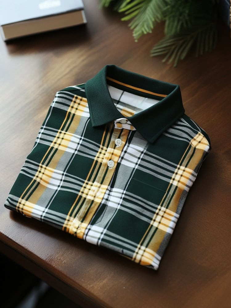 Camisa polo ejecutivo casual Yellow Green a cuadros Button de manga corta para hombre