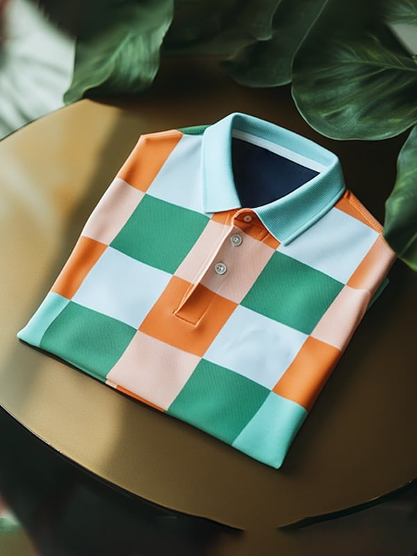 Camisa polo clásico Checkerboard ejecutivo Logo Button de manga corta para hombre