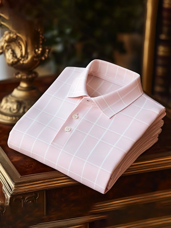 Camisa polo clásico ejecutivo Pink and White a rayas Logo Button de manga corta para hombre