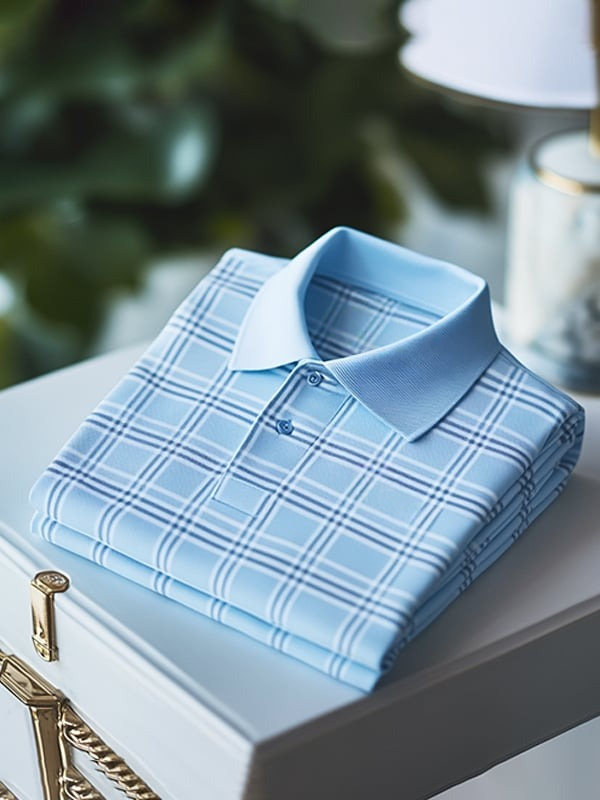 Camisa polo clásico ejecutivo Tricolor Check Logo Button de manga corta para hombre