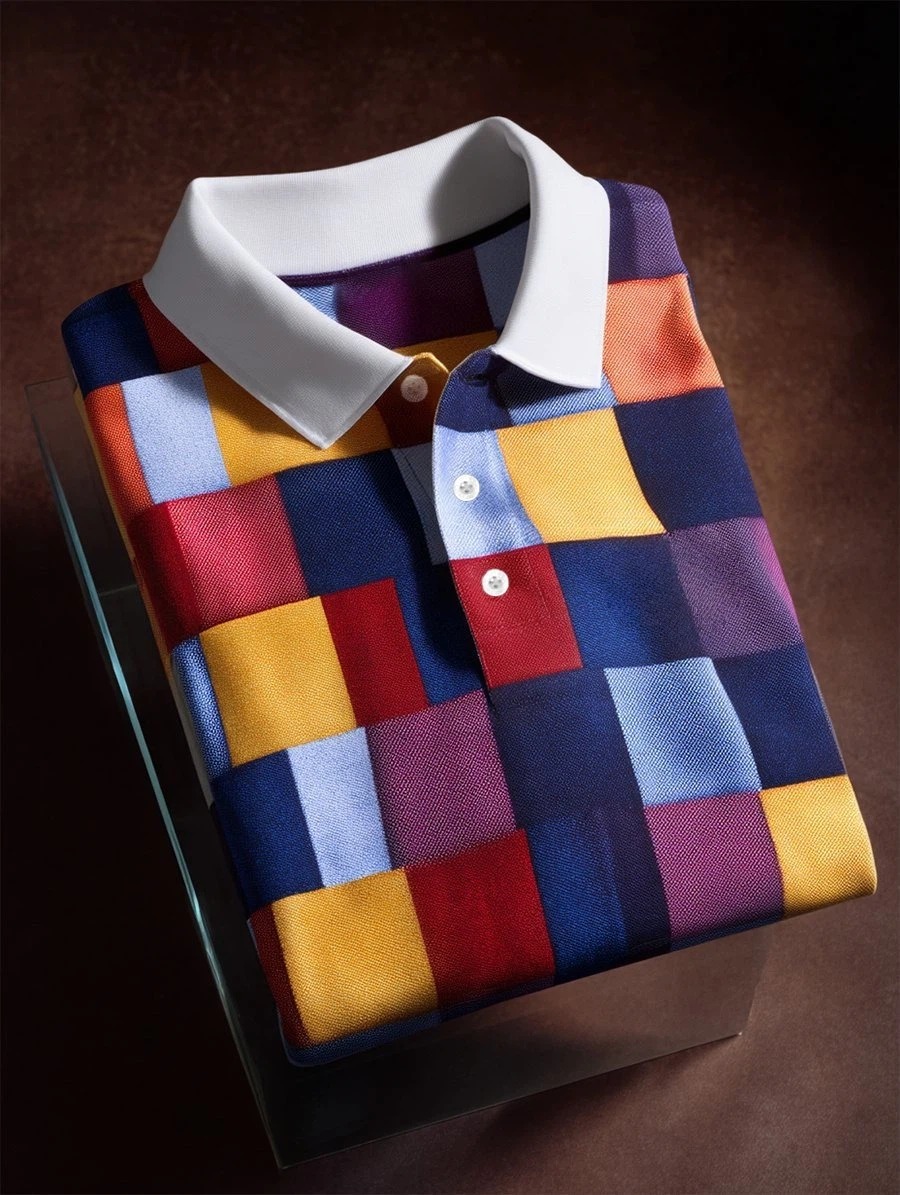 Camisa polo ejecutivo casual geométrico a cuadros Art Button de manga corta para hombre