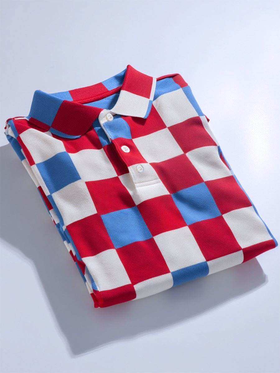 Camisa polo ejecutivo casual geométrico a cuadros Art Button de manga corta para hombre