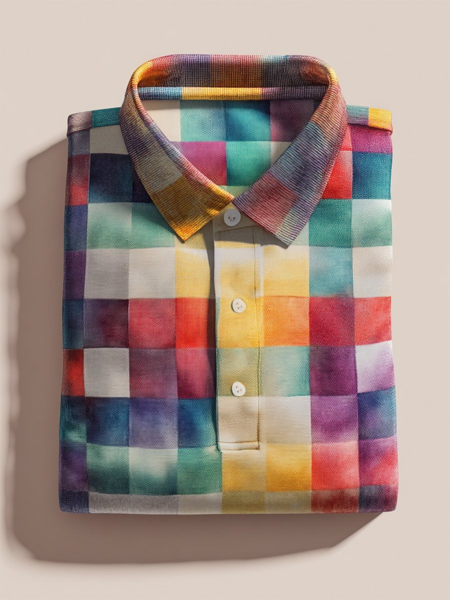 Camisa polo ejecutivo casual geométrico a cuadros Art Button de manga corta para hombre