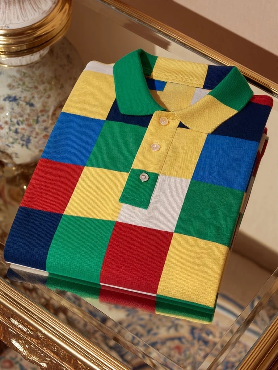 Camisa polo ejecutivo casual geométrico a cuadros Art Button de manga corta para hombre