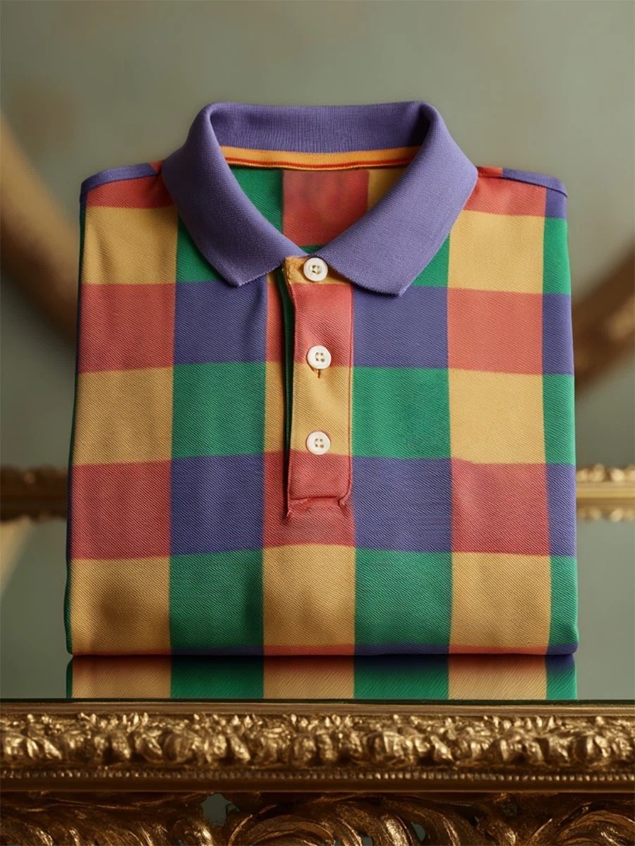 Camisa polo ejecutivo casual geométrico a cuadros Art Button de manga corta para hombre
