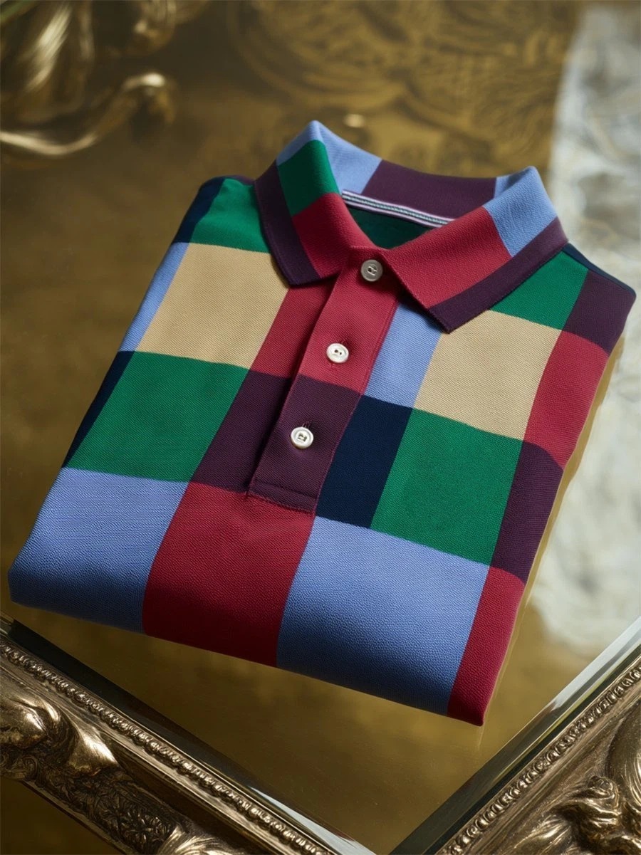 Camisa polo ejecutivo casual geométrico a cuadros Art Button de manga corta para hombre
