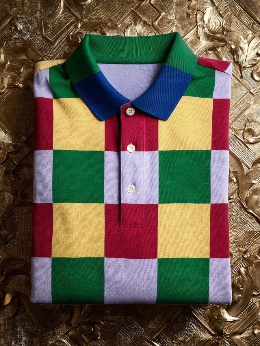 Camisa polo ejecutivo casual geométrico a cuadros Art Button de manga corta para hombre