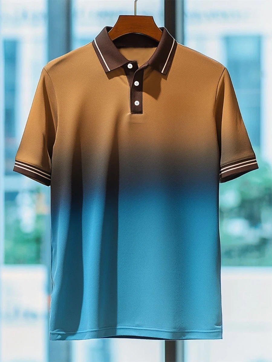 Camisa polo ejecutivo casual degradado Art Button de manga corta para hombre