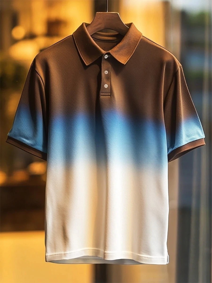Camisa polo ejecutivo casual degradado Art Button de manga corta para hombre