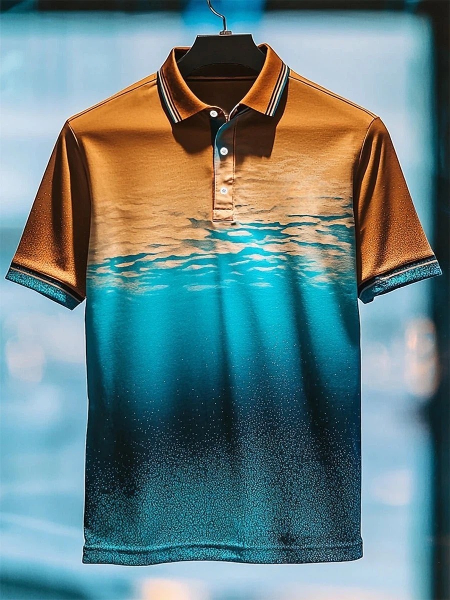 Camisa polo ejecutivo casual degradado Art Button de manga corta para hombre