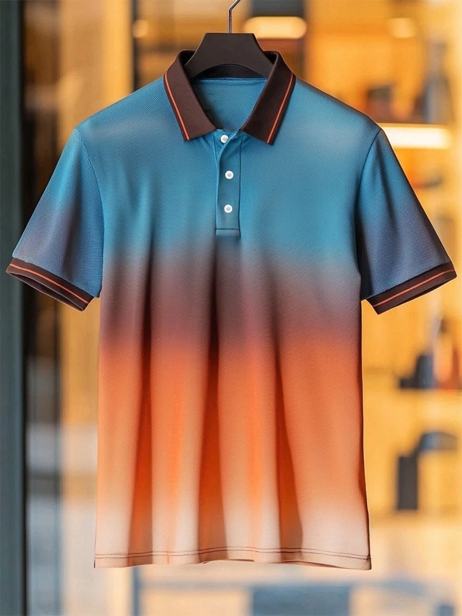 Camisa polo ejecutivo casual degradado Art Button de manga corta para hombre