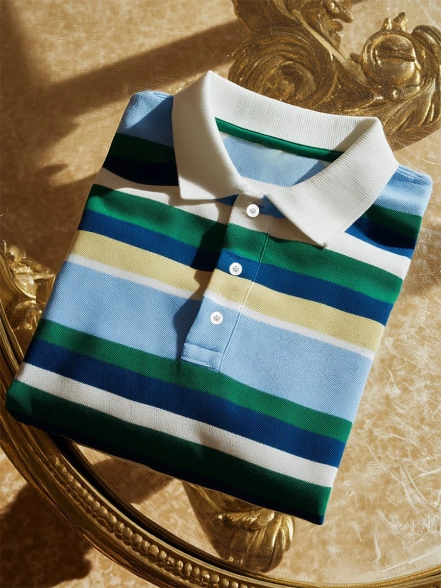 Camisa polo ejecutivo casual rayas Art Button de manga corta para hombre