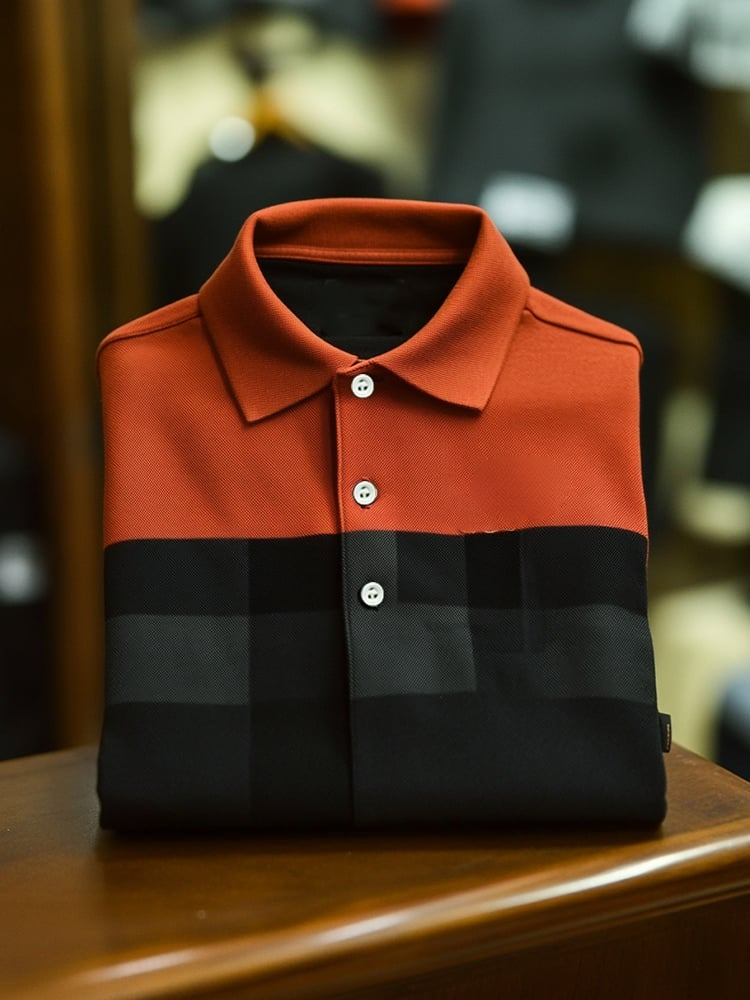 Camisa polo ejecutivo casual Orange and Black Block Button de manga corta para hombre