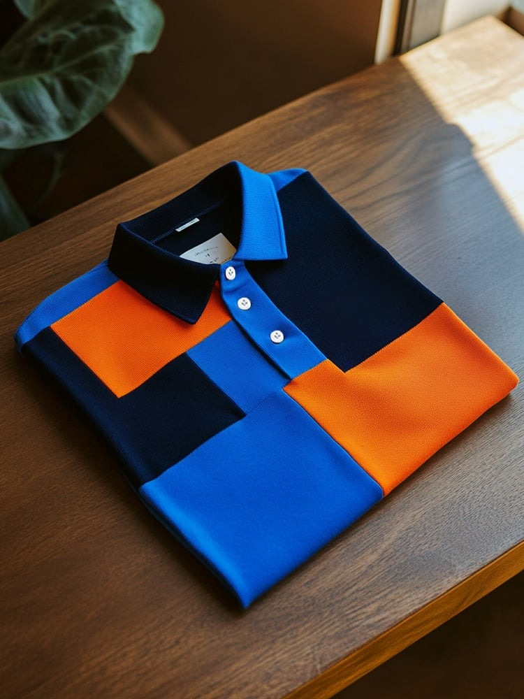 Camisa polo ejecutivo casual Blue and Orange Block Button de manga corta para hombre