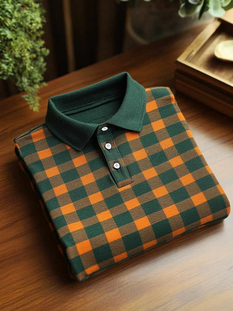 Camisa polo ejecutivo casual Green and Orange a cuadros Button de manga corta para hombre