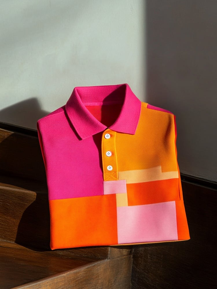 Camisa polo ejecutivo casual Pink and Orange Block Button de manga corta para hombre