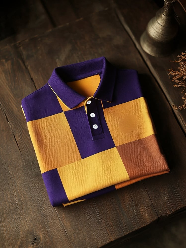 Camisa polo ejecutivo casual Yellow Purple Block Button de manga corta para hombre