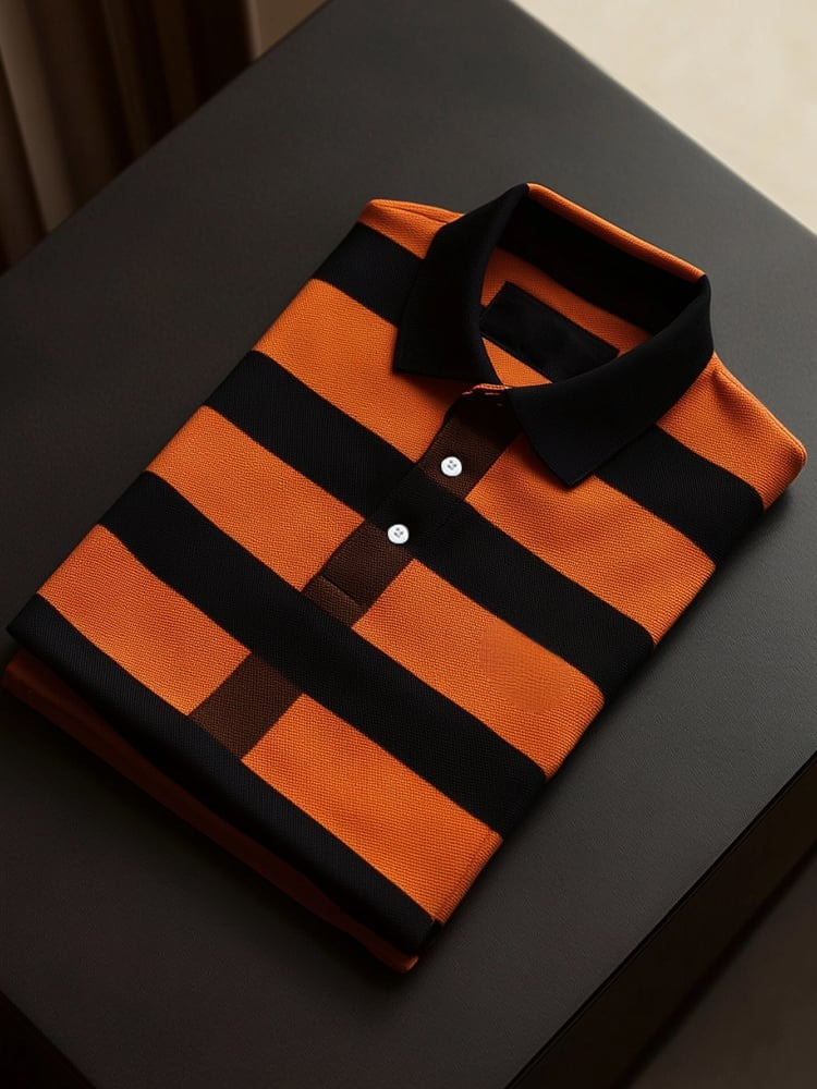 Camisa polo ejecutivo casual Black and Orange rayas Button de manga corta para hombre