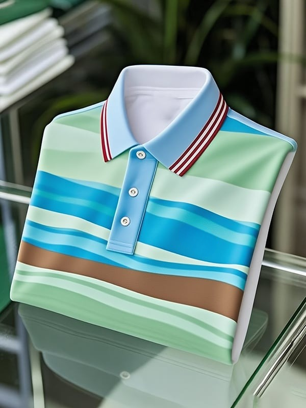 Camisa polo clásico ejecutivo rayas Logo Button de manga corta para hombre