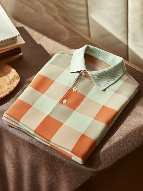 Camisa polo clásico ejecutivo Checkerboard Logo Button de manga corta para hombre