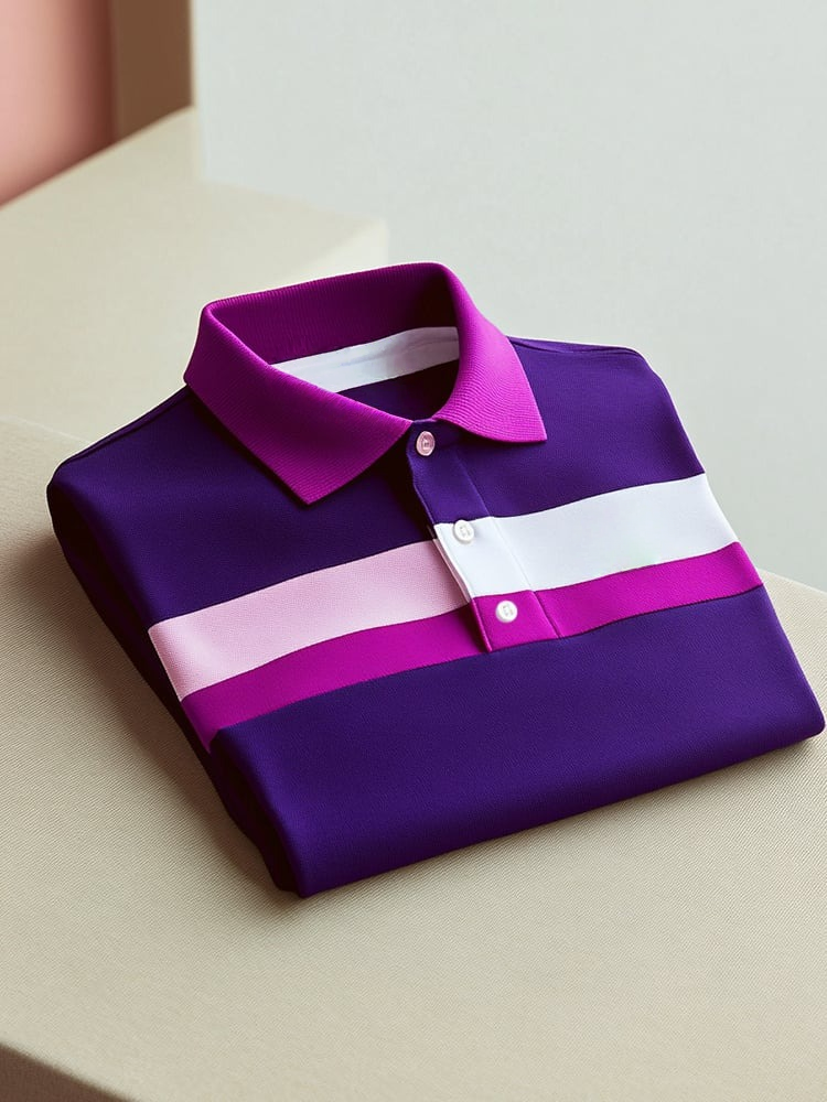 Camisa polo ejecutivo casual Purple rayas Button de manga corta para hombre