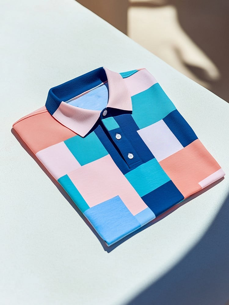 Camisa polo ejecutivo casual Blue and Pink Block Button de manga corta para hombre