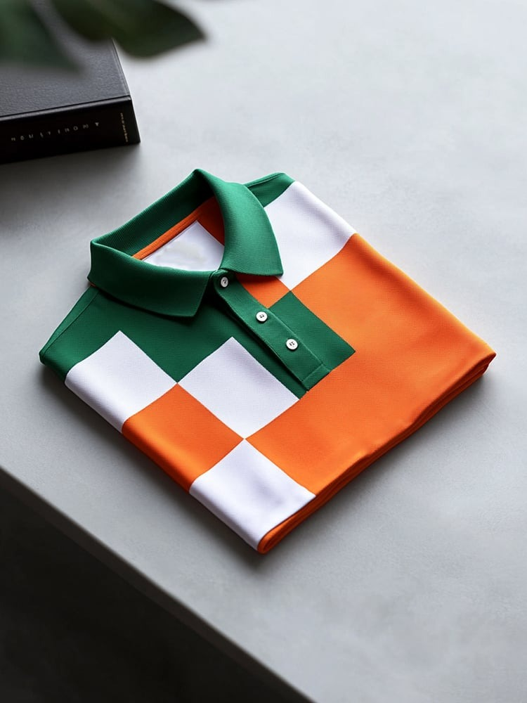 Camisa polo ejecutivo casual Orange Green Block Button de manga corta para hombre