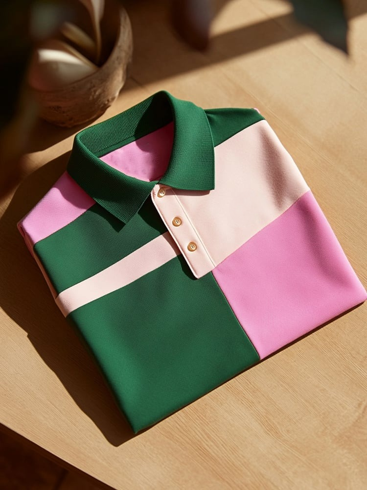 Camisa polo ejecutivo casual Pastel Green Block Button de manga corta para hombre