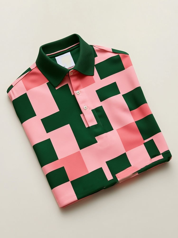 Camisa polo ejecutivo casual Pink Green a cuadros Button de manga corta para hombre
