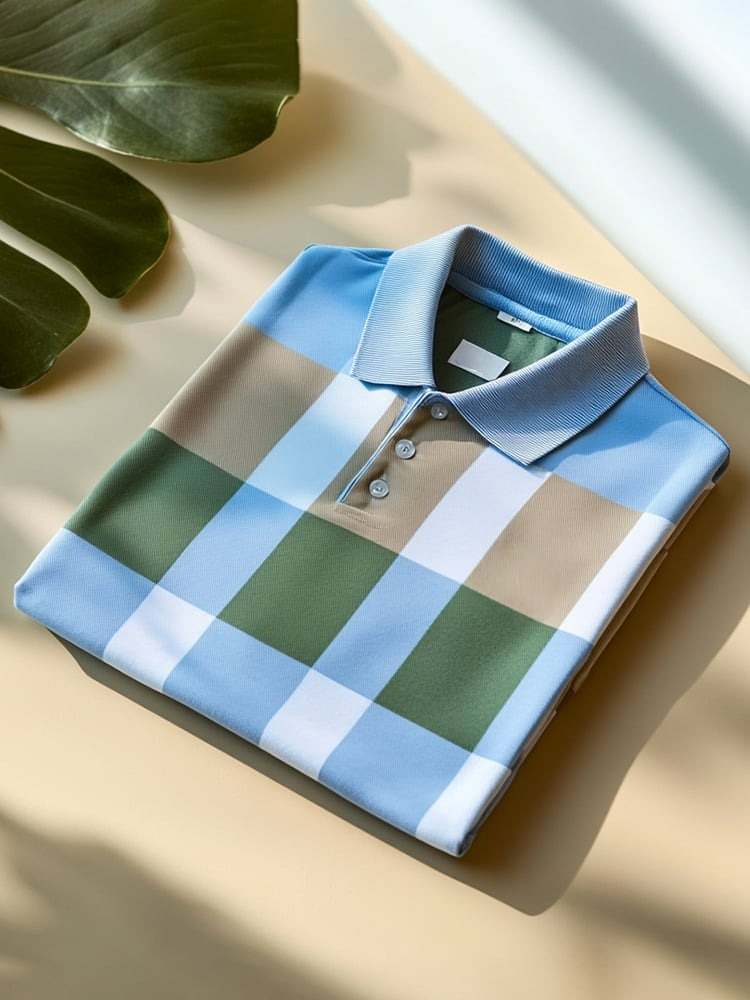 Camisa polo clásico ejecutivo Check Logo Button de manga corta para hombre