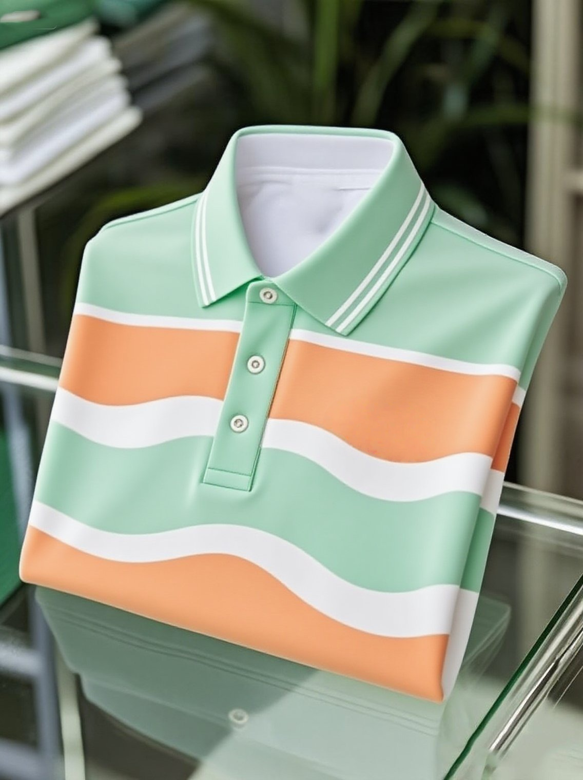 Camisa polo ejecutivo casual Orange and Green Wave Button de manga corta para hombre