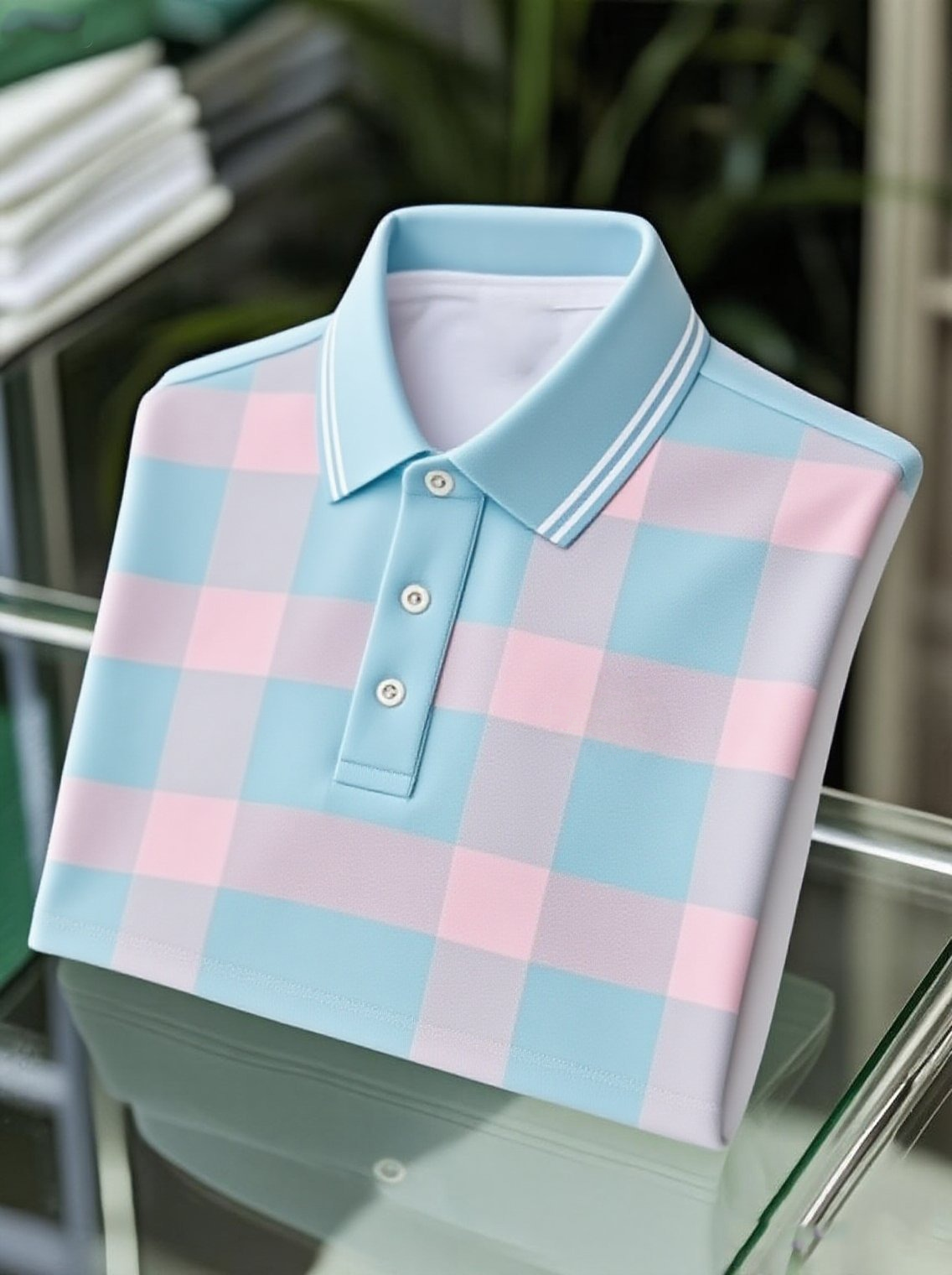 Camisa polo ejecutivo casual Blue and Pink a cuadros Button de manga corta para hombre