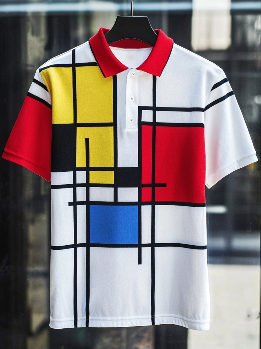 Camisa polo ejecutivo casual Mondrian Art Button de manga corta para hombre