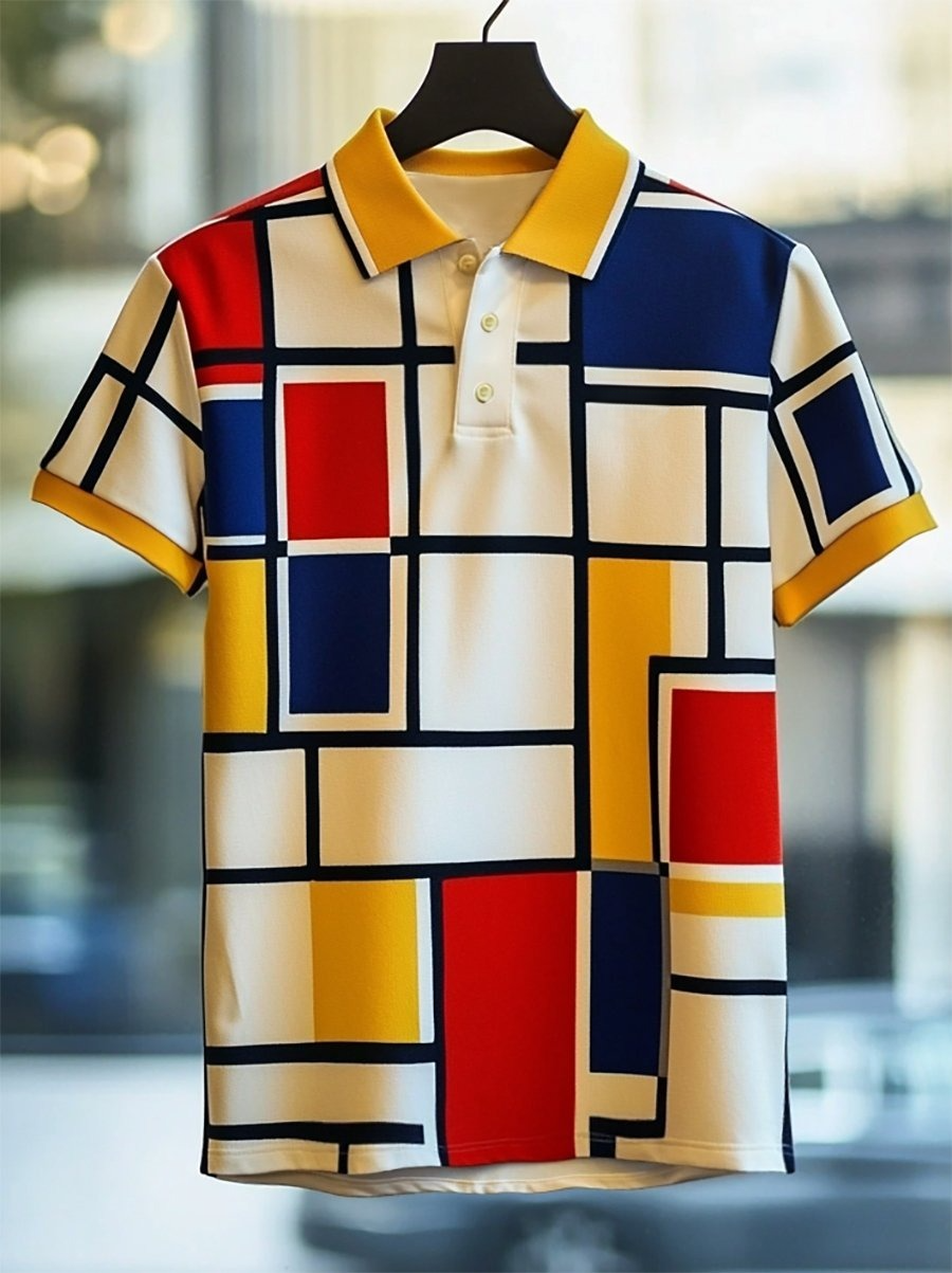 Camisa polo ejecutivo casual Mondrian Art Button de manga corta para hombre