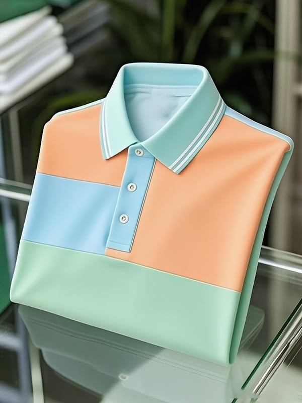 Camisa polo clásico ejecutivo Colorblock Logo Button de manga corta para hombre
