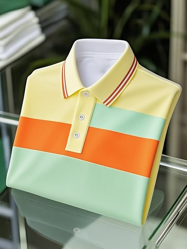 Camisa polo clásico ejecutivo Colorblock Logo Button de manga corta para hombre