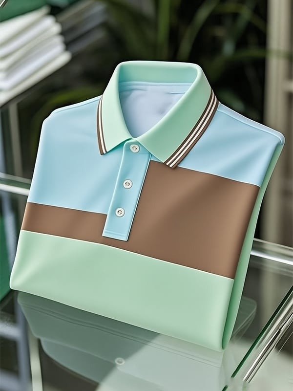 Camisa polo clásico ejecutivo Colorblock Logo Button de manga corta para hombre