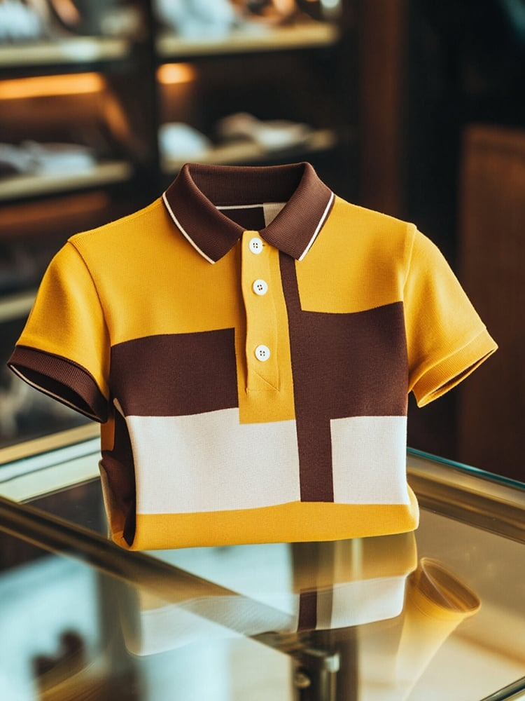 Camisa polo Smart casual en bloques de color Logo Button de manga corta para hombre