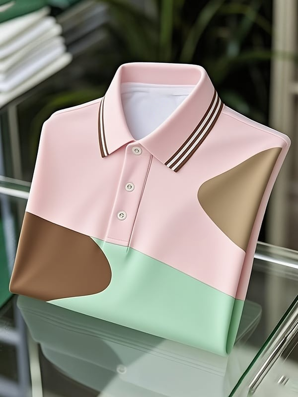 Camisa polo clásico ejecutivo Colorblock Logo Button de manga corta para hombre