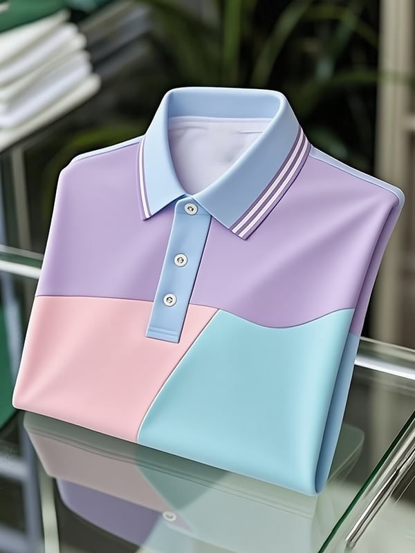 Camisa polo clásico ejecutivo Colorblock Logo Button de manga corta para hombre