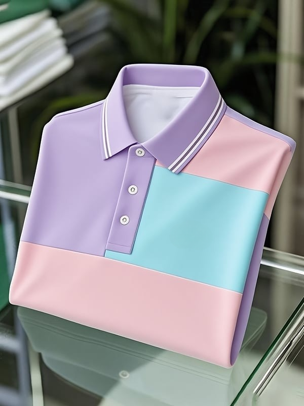 Camisa polo clásico ejecutivo Colorblock Logo Button de manga corta para hombre