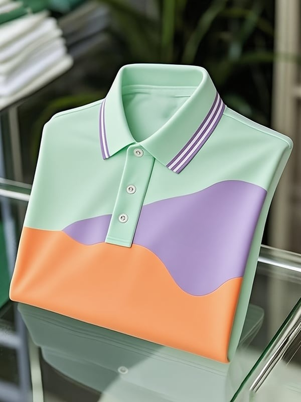 Camisa polo clásico ejecutivo Colorblock Logo Button de manga corta para hombre