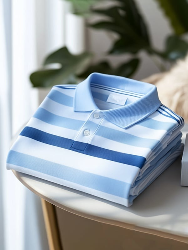 Camisa polo clásico Blue and White a rayas Logo Button de manga corta para hombre