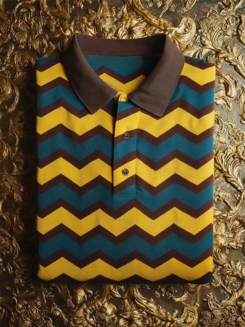 Camisa polo ejecutivo casual Chevron rayas con botones de manga corta para hombre